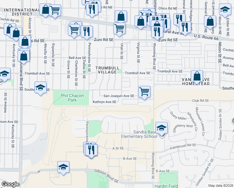 map of restaurants, bars, coffee shops, grocery stores, and more near 8208 Southern Avenue Southeast in Albuquerque