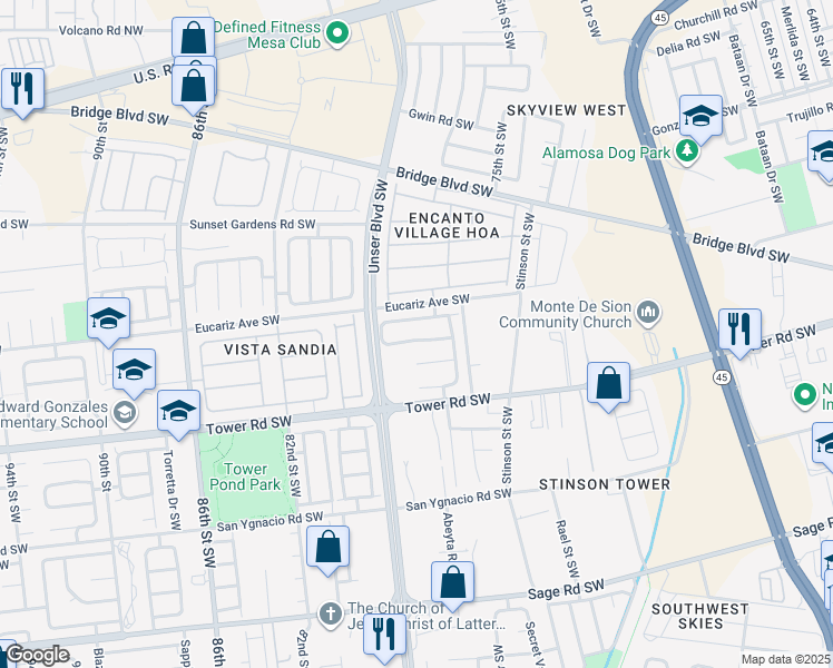map of restaurants, bars, coffee shops, grocery stores, and more near 7724 Crepe Myrtle Road Southwest in Albuquerque