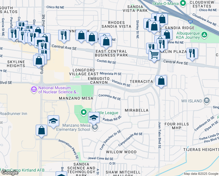 map of restaurants, bars, coffee shops, grocery stores, and more near 11105 Deer Lodge Place Southeast in Albuquerque