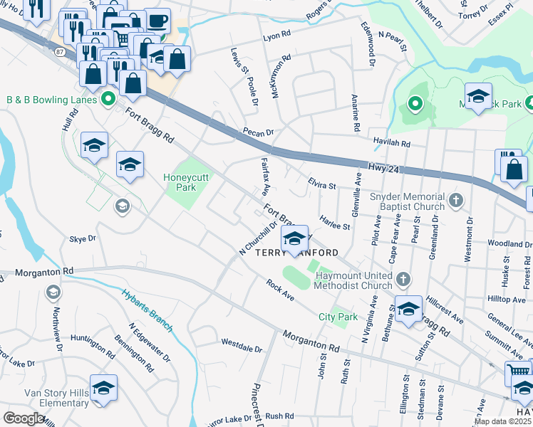 map of restaurants, bars, coffee shops, grocery stores, and more near 344 Coverly Square in Fayetteville