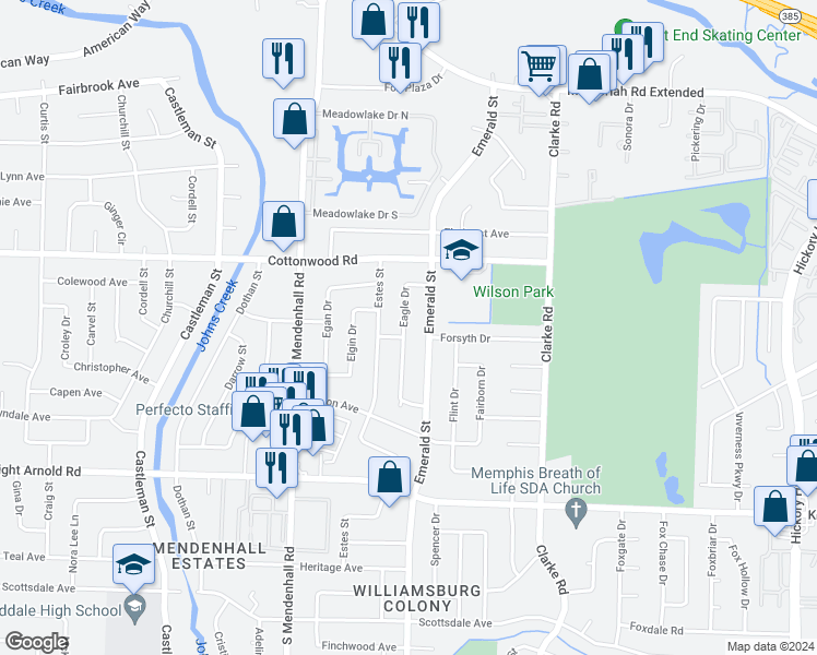 map of restaurants, bars, coffee shops, grocery stores, and more near 3000 Eagle Drive in Memphis