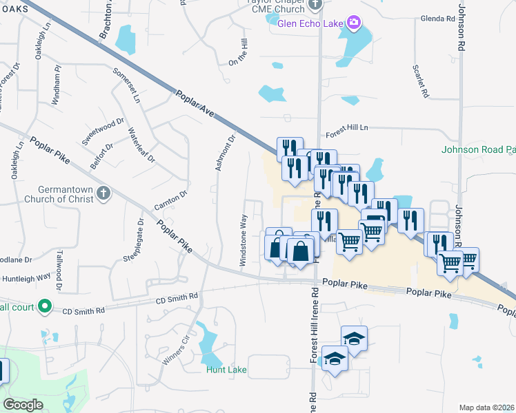 map of restaurants, bars, coffee shops, grocery stores, and more near 2998 Oakleigh Manor Cove in Germantown