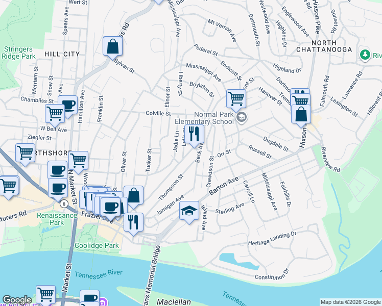 map of restaurants, bars, coffee shops, grocery stores, and more near 515 Tremont Street in Chattanooga