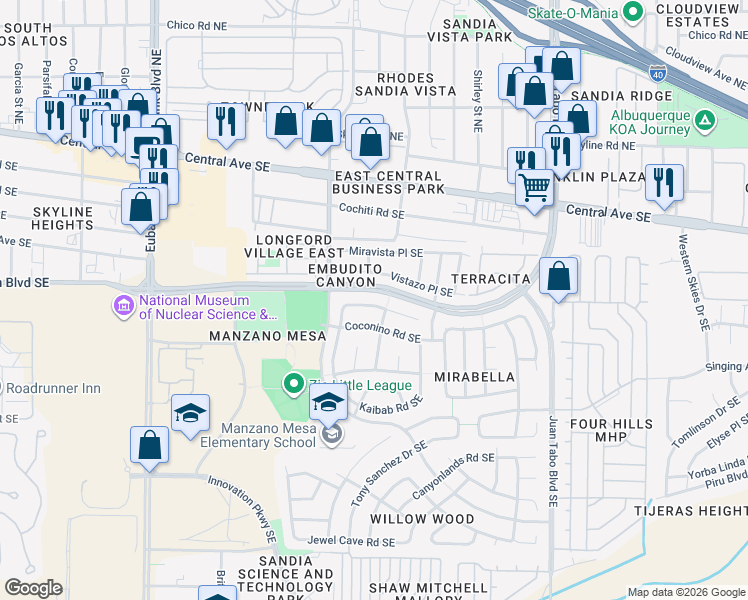 map of restaurants, bars, coffee shops, grocery stores, and more near 11105 Deer Lodge Place Southeast in Albuquerque