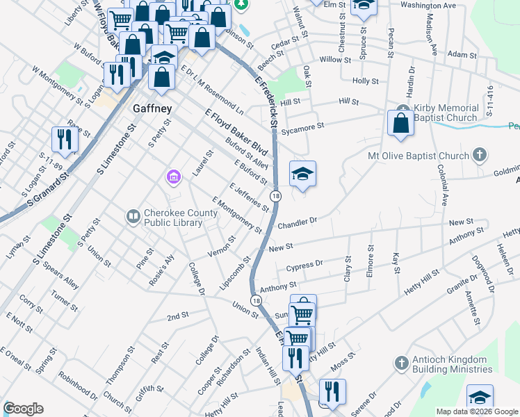map of restaurants, bars, coffee shops, grocery stores, and more near 600 East Jefferies Street in Gaffney