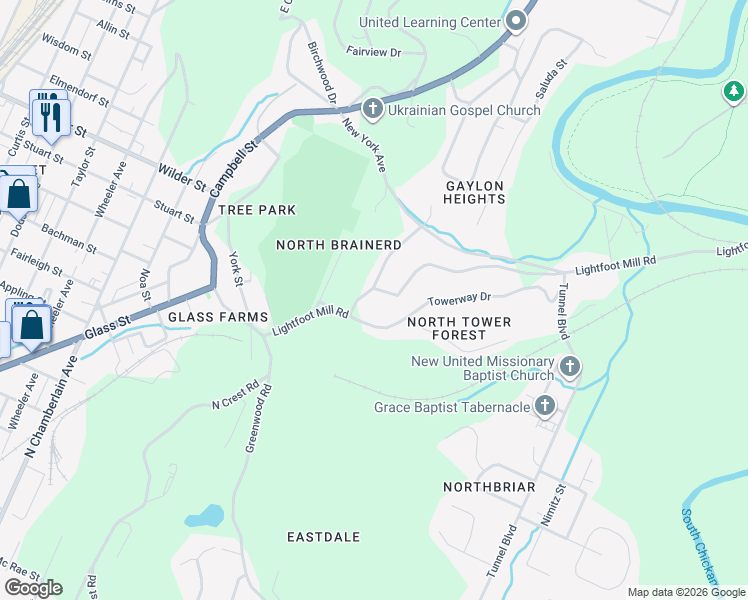map of restaurants, bars, coffee shops, grocery stores, and more near 3028 Lightfoot Mill Road in Chattanooga