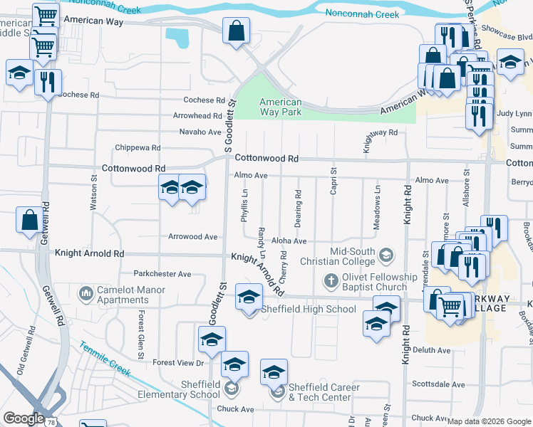 map of restaurants, bars, coffee shops, grocery stores, and more near 3000 Randy Lane in Memphis