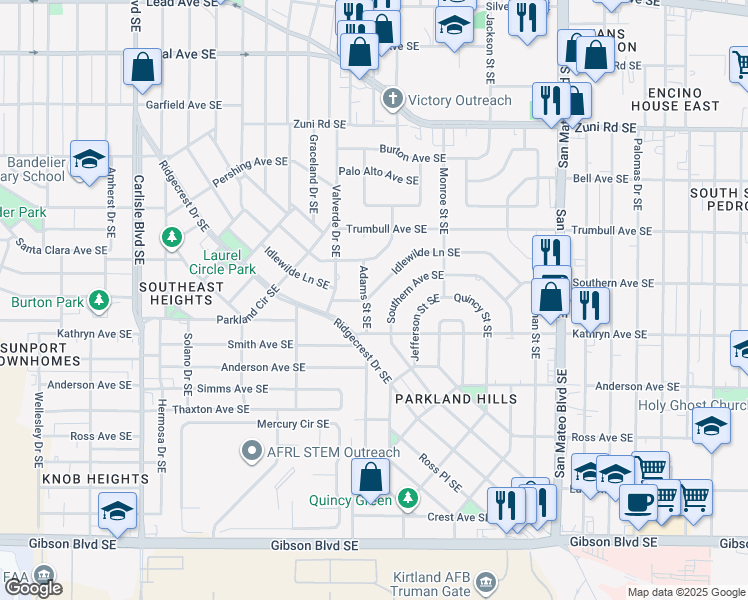 map of restaurants, bars, coffee shops, grocery stores, and more near 4600 Idlewilde Lane Southeast in Albuquerque