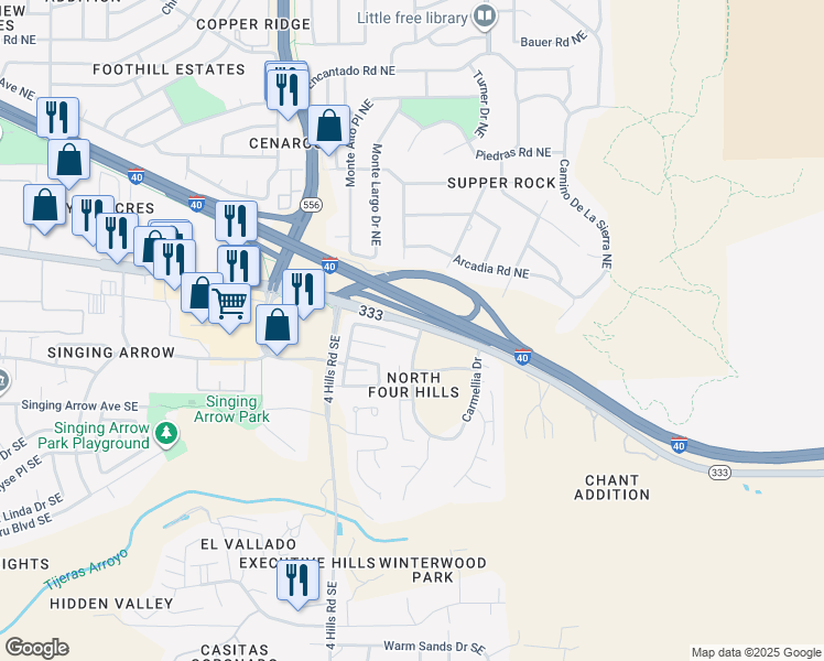 map of restaurants, bars, coffee shops, grocery stores, and more near 13715 Covered Wagon Avenue Southeast in Albuquerque