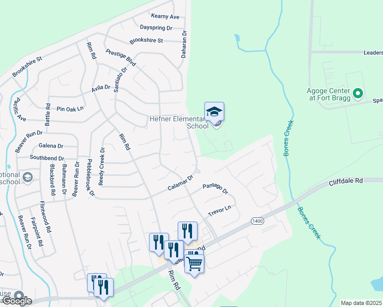 map of restaurants, bars, coffee shops, grocery stores, and more near 7001 Maracay Court in Fayetteville