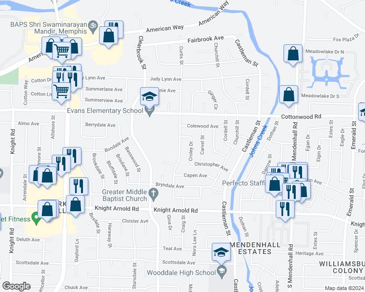 map of restaurants, bars, coffee shops, grocery stores, and more near 3000 Curtis Street in Memphis