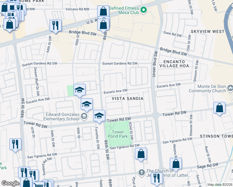 map of restaurants, bars, coffee shops, grocery stores, and more near 8215 Vista Estrella Lane Southwest in Albuquerque