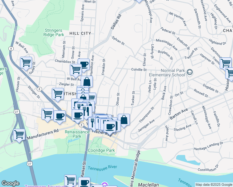 map of restaurants, bars, coffee shops, grocery stores, and more near 503 Oliver Street in Chattanooga