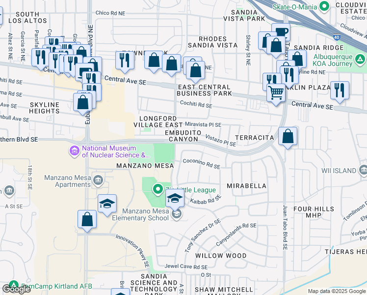 map of restaurants, bars, coffee shops, grocery stores, and more near 11005 Deer Lodge Place Southeast in Albuquerque