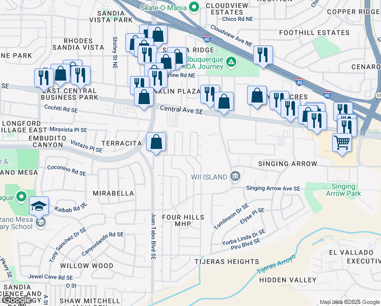 map of restaurants, bars, coffee shops, grocery stores, and more near 390 Coyote Lane Southeast in Albuquerque