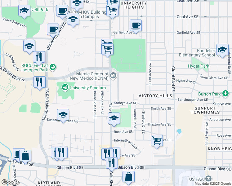 map of restaurants, bars, coffee shops, grocery stores, and more near 1209 Dickerson Drive Southeast in Albuquerque