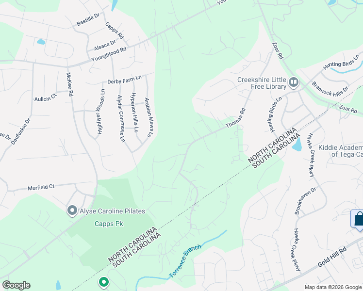 map of restaurants, bars, coffee shops, grocery stores, and more near 15410 Thomas Road in Charlotte