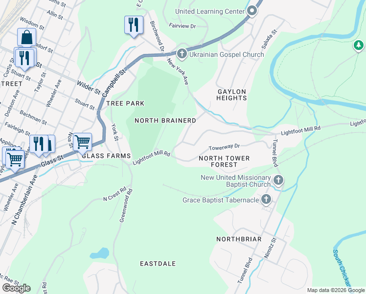 map of restaurants, bars, coffee shops, grocery stores, and more near 3028 Lightfoot Mill Road in Chattanooga