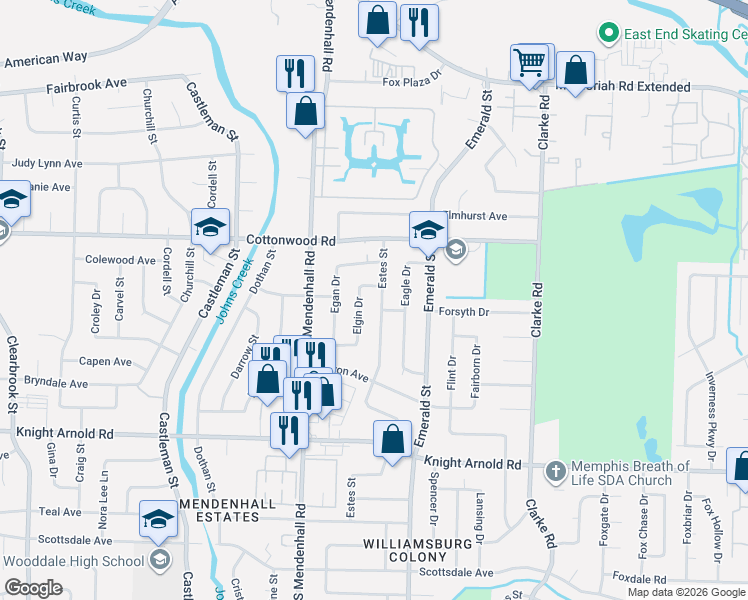 map of restaurants, bars, coffee shops, grocery stores, and more near 2982 Elgin Drive in Memphis