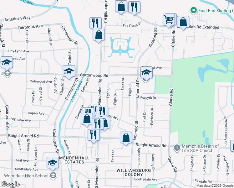 map of restaurants, bars, coffee shops, grocery stores, and more near 2982 Elgin Drive in Memphis