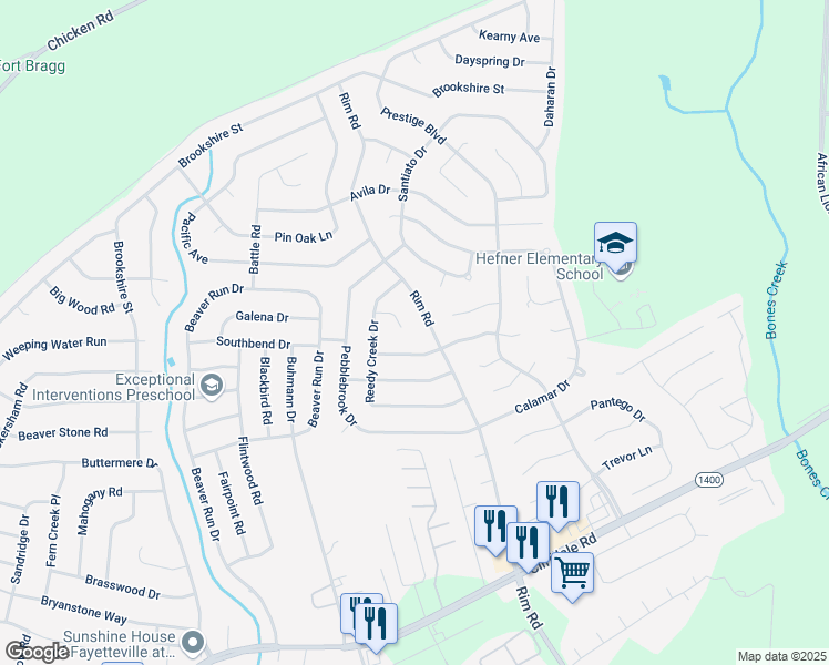 map of restaurants, bars, coffee shops, grocery stores, and more near 919 Bramblewood Ct in Fayetteville