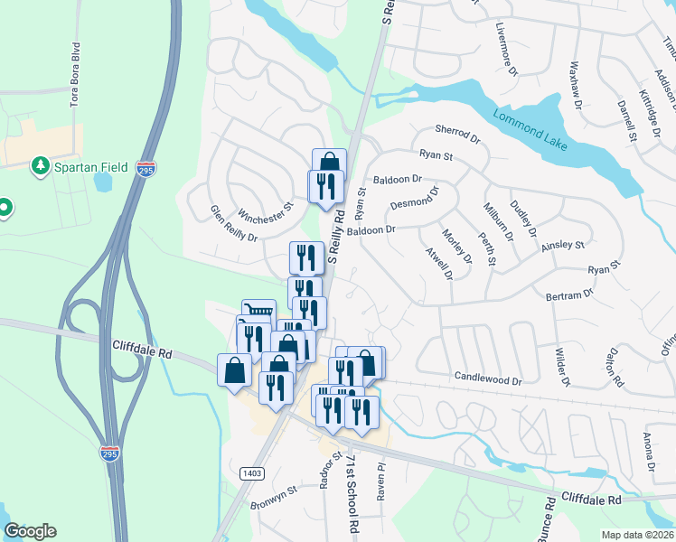 map of restaurants, bars, coffee shops, grocery stores, and more near 605 South Reilly Road in Fayetteville