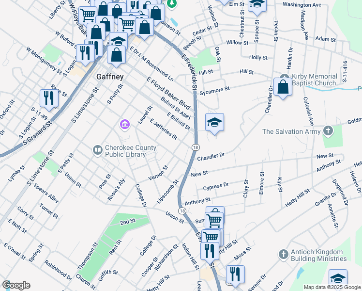 map of restaurants, bars, coffee shops, grocery stores, and more near 600 East Jefferies Street in Gaffney