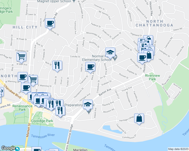 map of restaurants, bars, coffee shops, grocery stores, and more near 504 Beck Avenue in Chattanooga