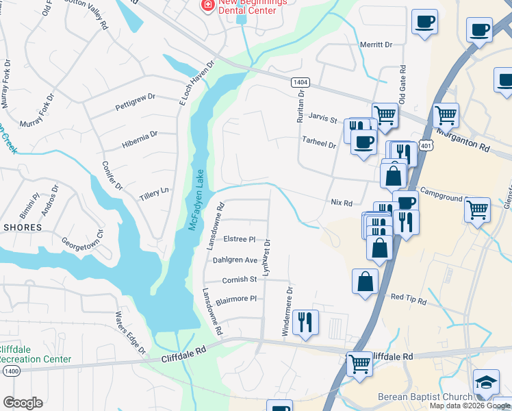 map of restaurants, bars, coffee shops, grocery stores, and more near 213 Lansdowne Road in Fayetteville