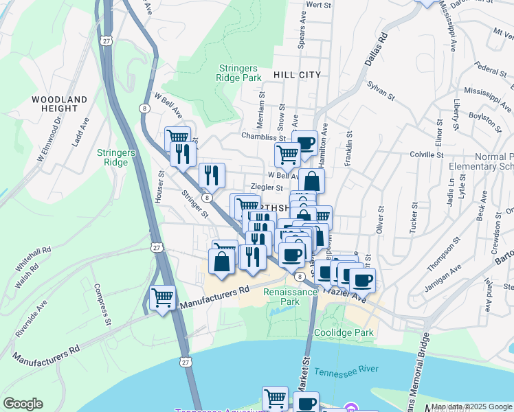 map of restaurants, bars, coffee shops, grocery stores, and more near 411 May Street in Chattanooga