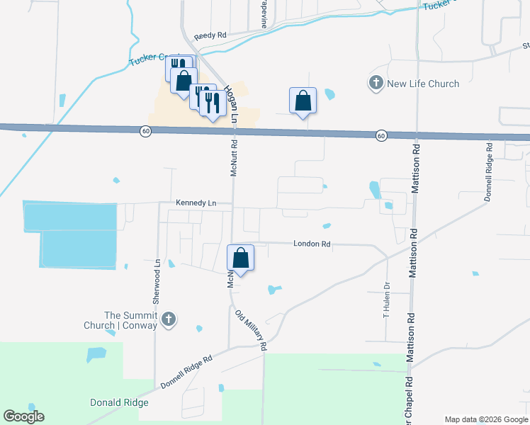 map of restaurants, bars, coffee shops, grocery stores, and more near 3601 Dave Ward Drive in Conway