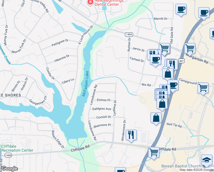 map of restaurants, bars, coffee shops, grocery stores, and more near 213 Lansdowne Road in Fayetteville