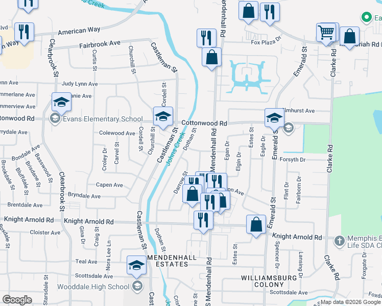 map of restaurants, bars, coffee shops, grocery stores, and more near 5281 Dargen Avenue in Memphis
