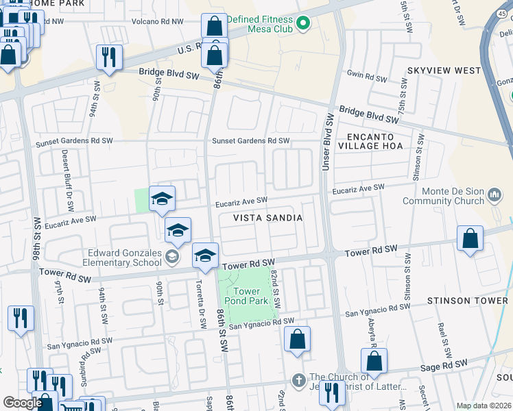 map of restaurants, bars, coffee shops, grocery stores, and more near 8215 Vista Estrella Lane Southwest in Albuquerque