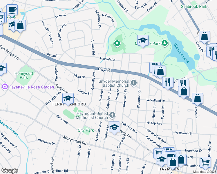 map of restaurants, bars, coffee shops, grocery stores, and more near 605 Cape Fear Avenue in Fayetteville