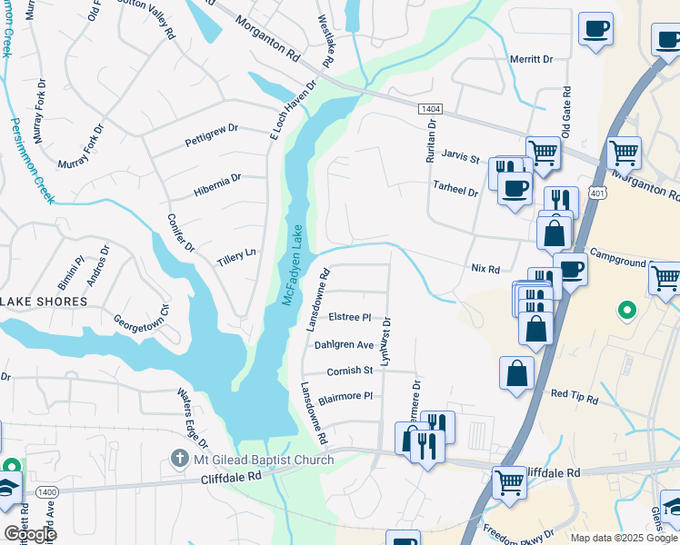 map of restaurants, bars, coffee shops, grocery stores, and more near 235 Lansdowne Road in Fayetteville