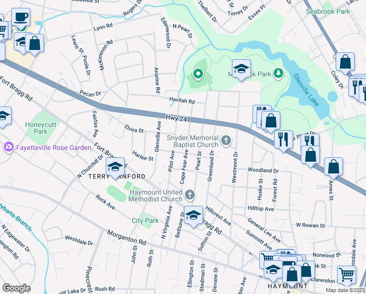 map of restaurants, bars, coffee shops, grocery stores, and more near 605 Cape Fear Avenue in Fayetteville