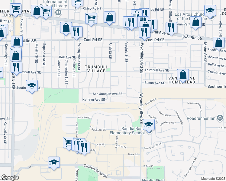 map of restaurants, bars, coffee shops, grocery stores, and more near 580 Utah Street Southeast in Albuquerque