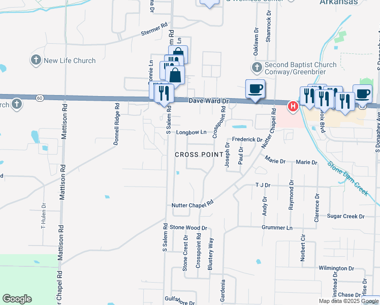 map of restaurants, bars, coffee shops, grocery stores, and more near 970 Knights Drive in Conway