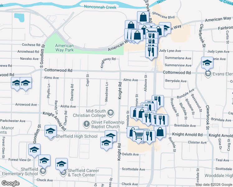 map of restaurants, bars, coffee shops, grocery stores, and more near 3002 Meadows Lane in Memphis