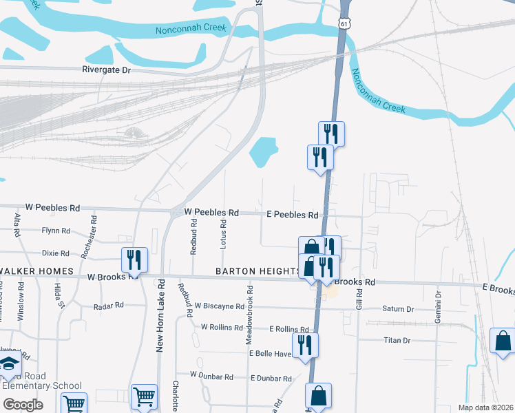 map of restaurants, bars, coffee shops, grocery stores, and more near 28 East Peebles Road in Memphis