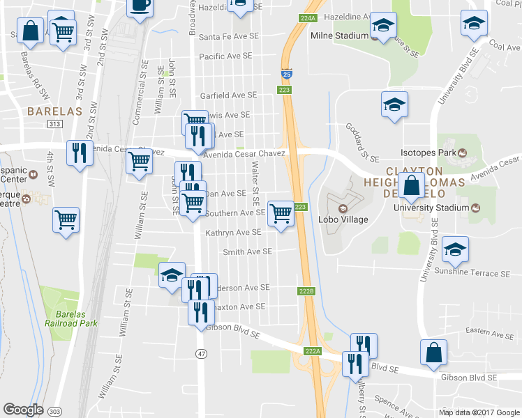 map of restaurants, bars, coffee shops, grocery stores, and more near 1624 Walter Street Southeast in Albuquerque