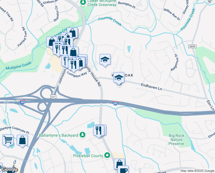 map of restaurants, bars, coffee shops, grocery stores, and more near 7087 Endhaven Lane in Charlotte