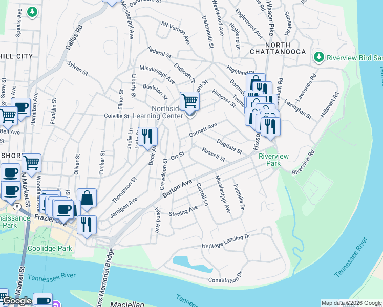 map of restaurants, bars, coffee shops, grocery stores, and more near 1191 Mississippi Avenue in Chattanooga