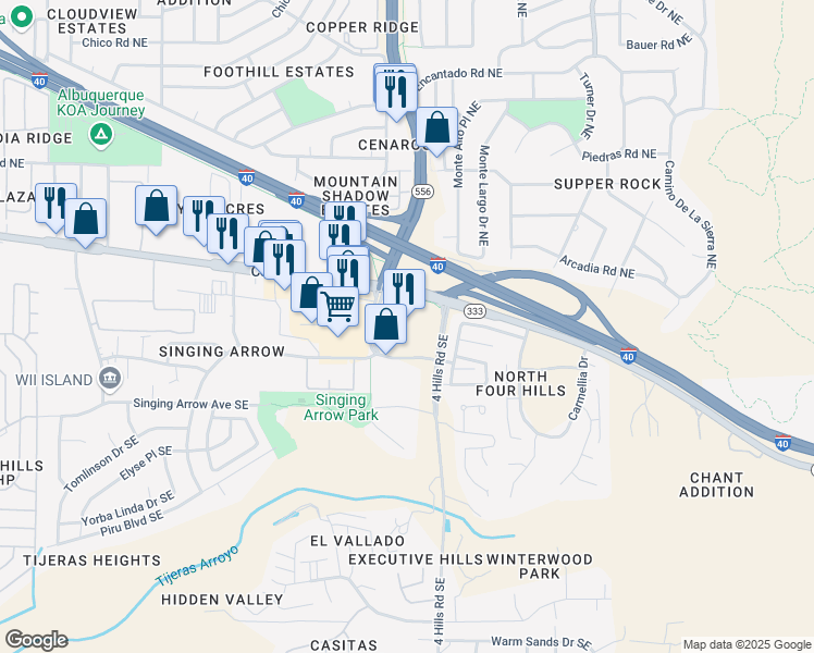 map of restaurants, bars, coffee shops, grocery stores, and more near 200 Tramway Boulevard Southeast in Albuquerque