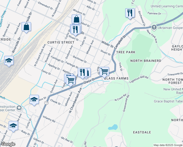 map of restaurants, bars, coffee shops, grocery stores, and more near in Chattanooga