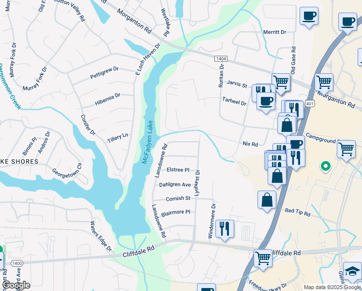 map of restaurants, bars, coffee shops, grocery stores, and more near 225 Lansdowne Road in Fayetteville