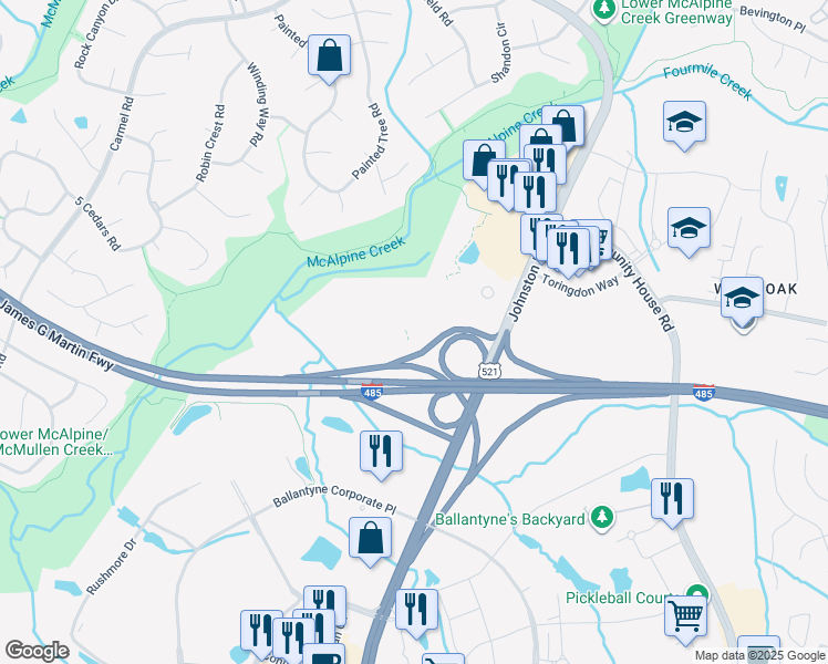 map of restaurants, bars, coffee shops, grocery stores, and more near 12711 Atkins Circle Drive in Charlotte