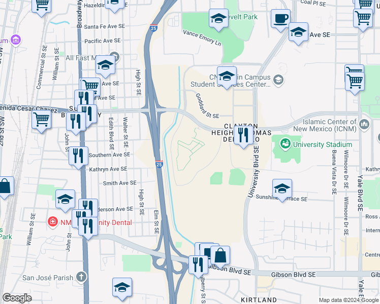 map of restaurants, bars, coffee shops, grocery stores, and more near 1200 Avenida Cesar Chavez Southeast in Albuquerque