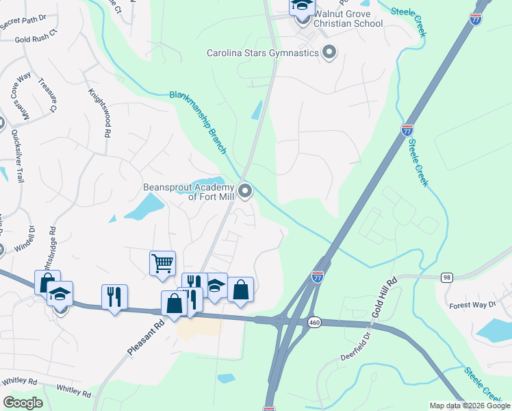map of restaurants, bars, coffee shops, grocery stores, and more near 725 Prospect Lane in Fort Mill